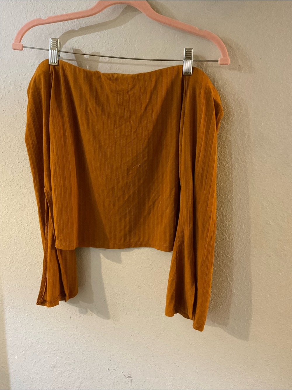 Mind Code Mustard Ribbed Off-Shoulder Crop Top